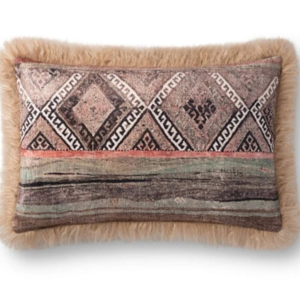 LOLOI Lumbar Pillow Furry Back Aztec Boho Shag Anthro Collab 13" x 21"